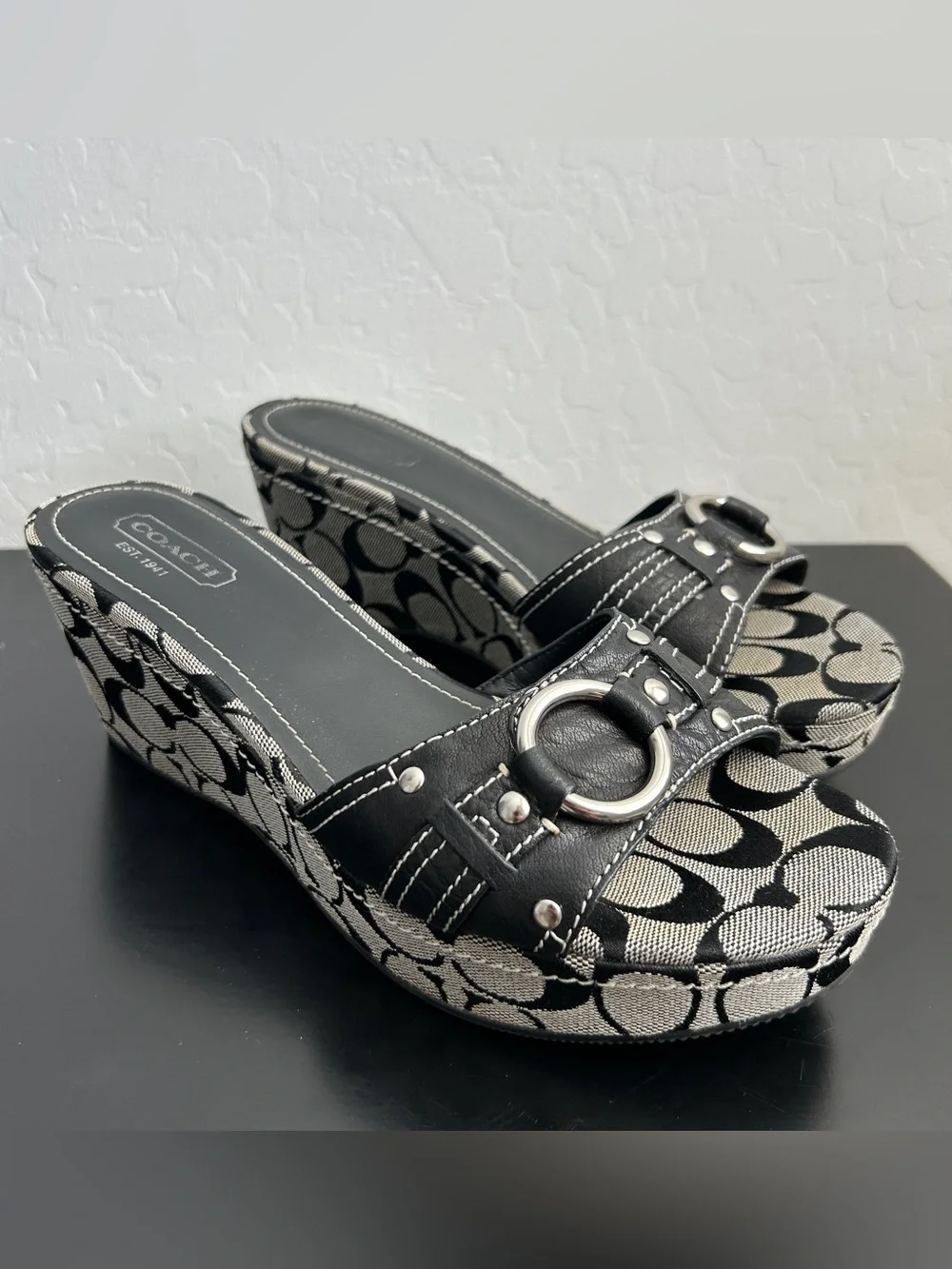 Y2K Coach Janeesa Wedge Sandals with Signature C Pattern and Silver Hardware